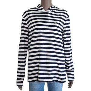 Lacoste Navy Blue White Striped‎ Long Sleeve Hoodie Blouse Coastal Spring Top